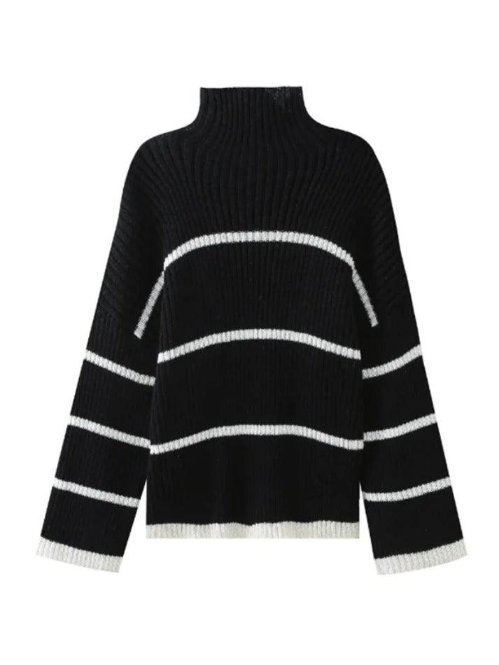 Striped High Neck Loose Sweater - AnotherChill