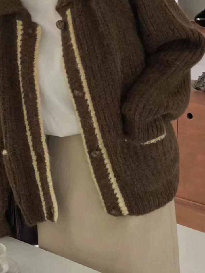 Contrast Color Trim Lapel Neck Cardigan - AnotherChill