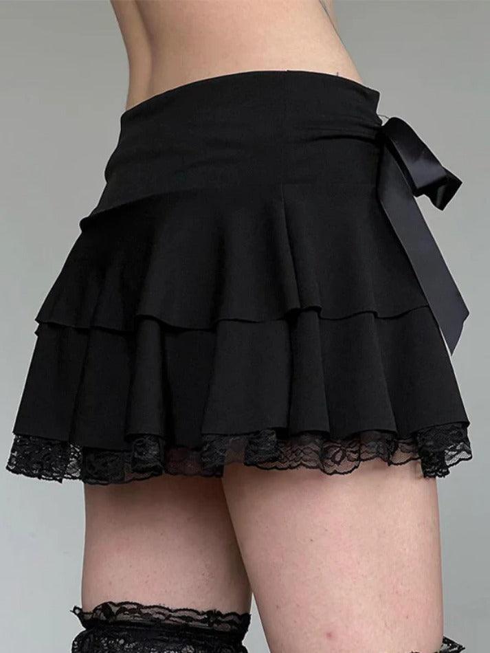 Bow Lace Splice Low Rise Tiered Mini Skirt - AnotherChill