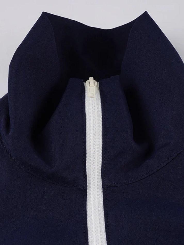 Contrast Color Wavy Line Zip Up Collar Neck Sweatshirt - AnotherChill