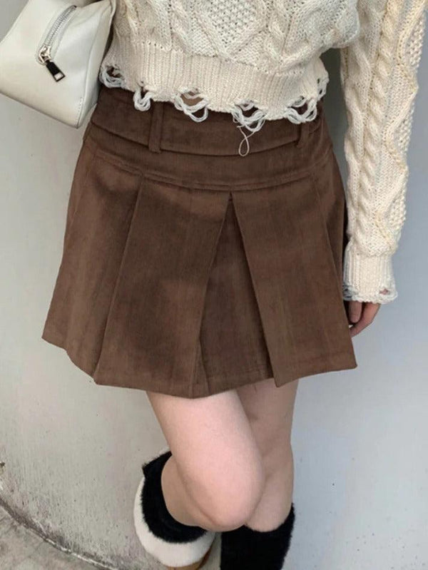 Vintage Brown Corduroy Belted Pleated Mini Skirt - AnotherChill