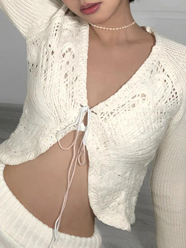 Butterfly Pointelle Lacing Trumpet Sleeve V Neck Cardigan - AnotherChill