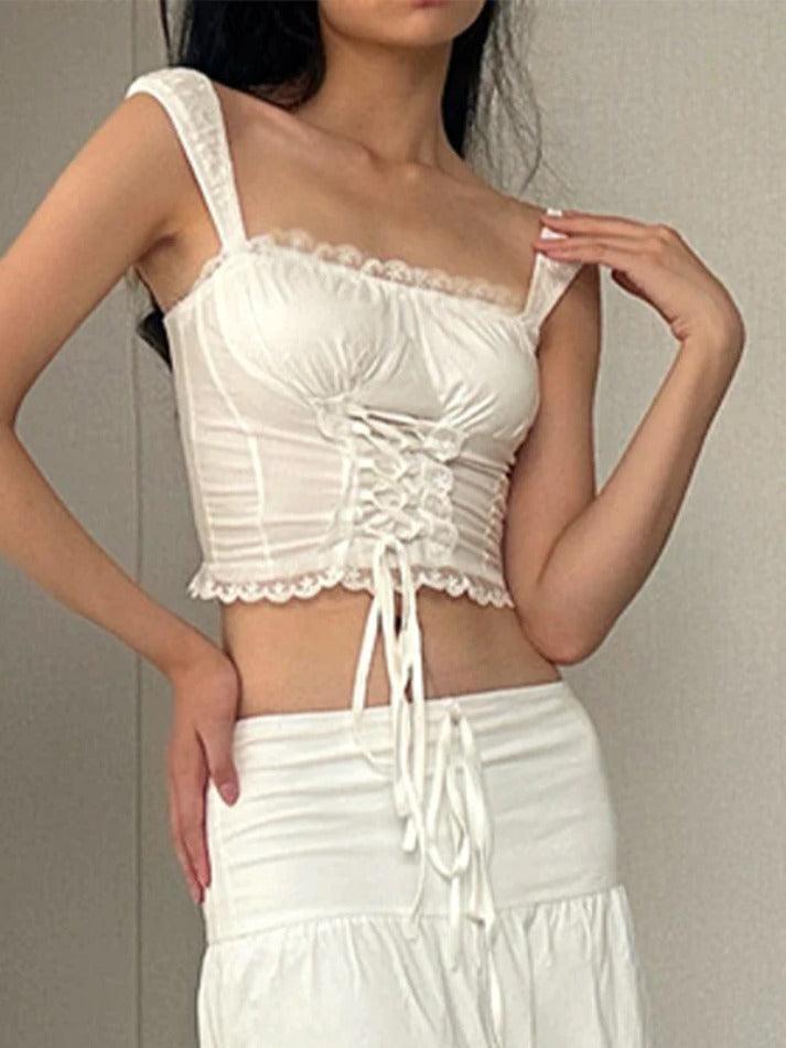 Square Neck Lace Splice Tie Front Tank Top - AnotherChill