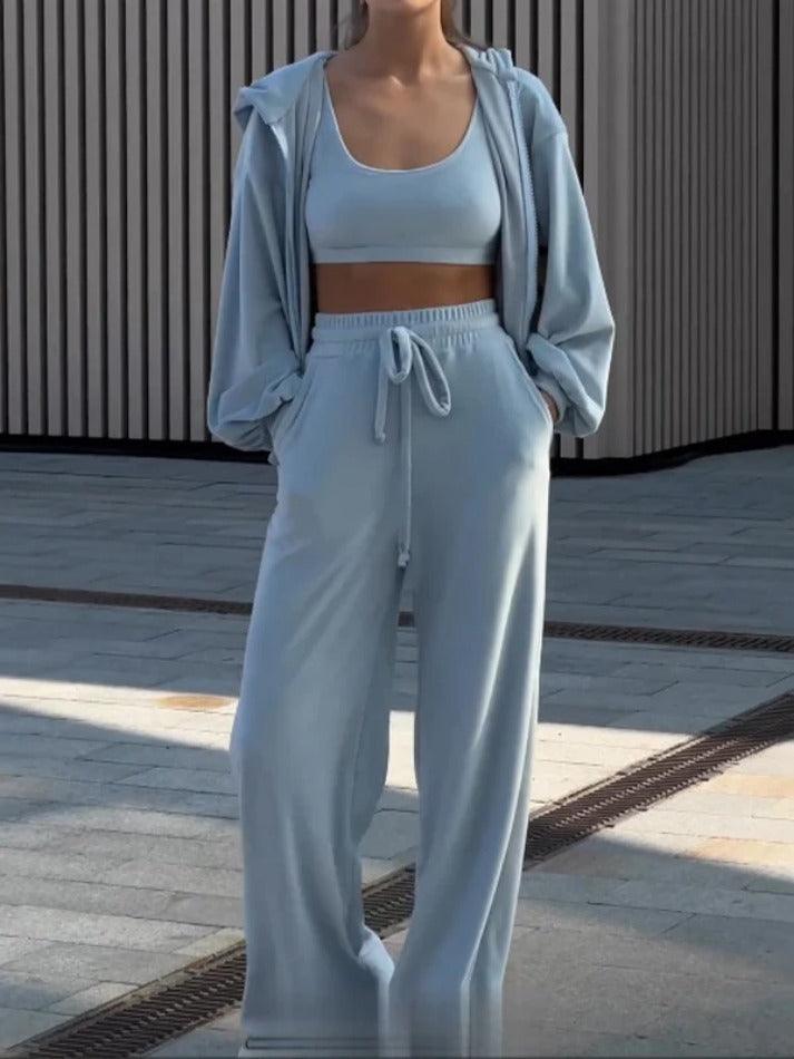 Solid Lantern Sleeve Hoodie & High Rise Pants Set - AnotherChill
