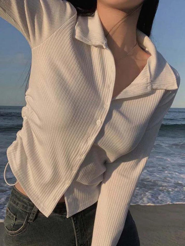Solid Side Drawstring Ruched Breasted Long Sleeve Blouse - AnotherChill