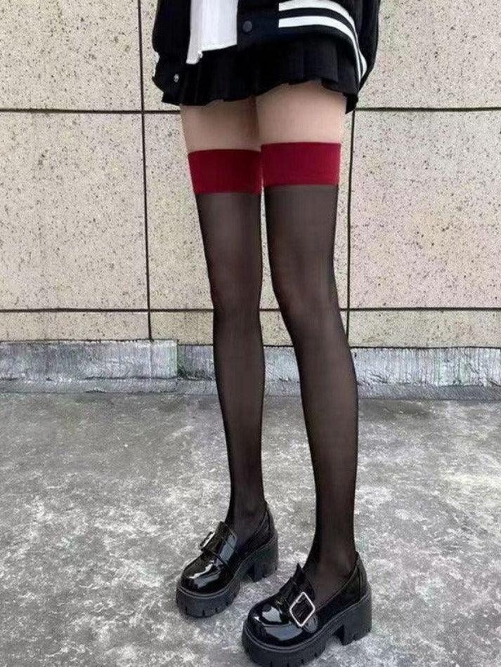 Contrasting Cuff Sheer Thigh High Socks - AnotherChill