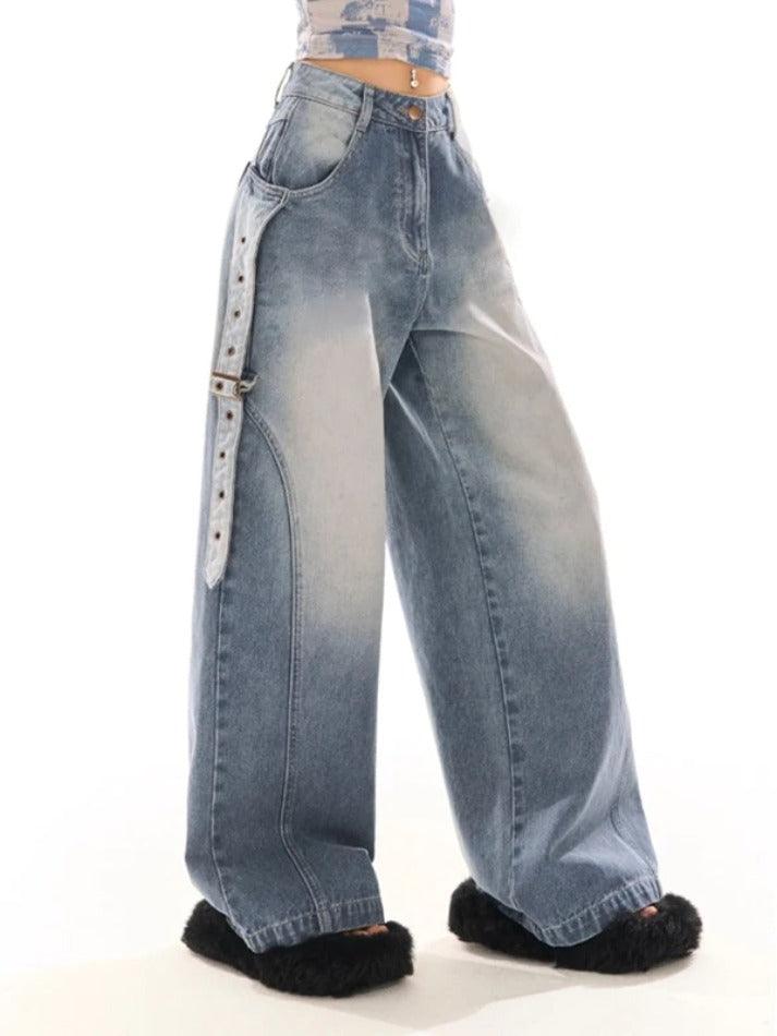 Vintage Wash Belted Decor Boyfriend Jeans - AnotherChill