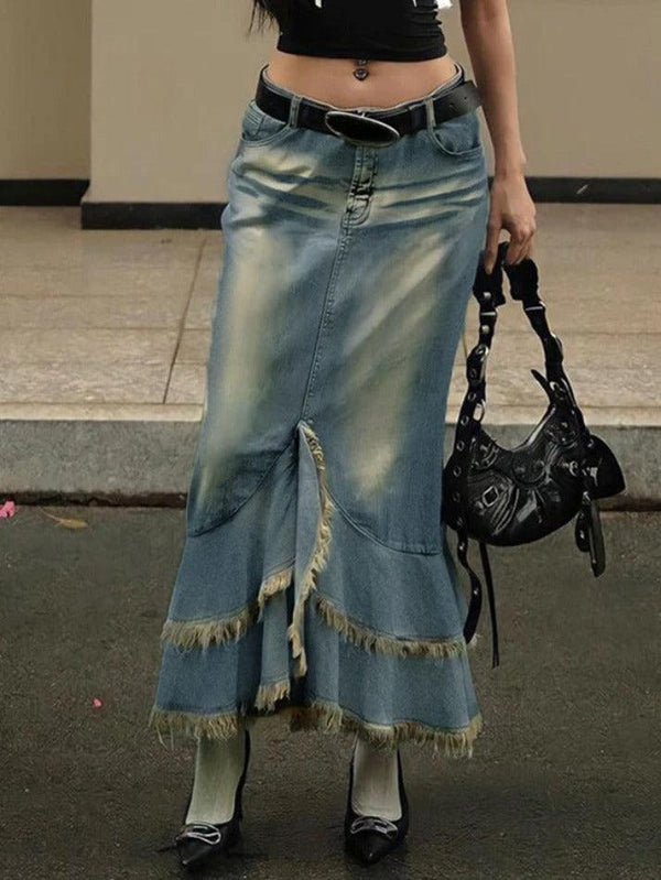 Low Waist Washed Petal Hem Midi Skirt - AnotherChill
