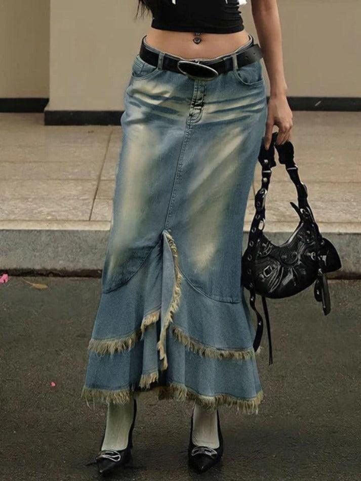 Low Waist Washed Petal Hem Midi Skirt - AnotherChill