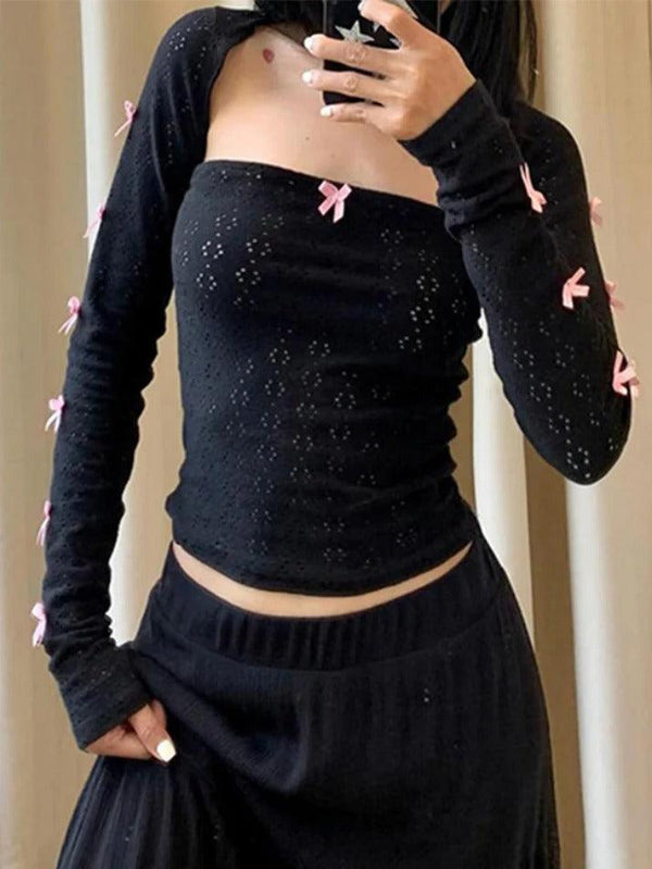 Cutout Bow Embellished Bandeau Two Piece Long Sleeve Tee - AnotherChill