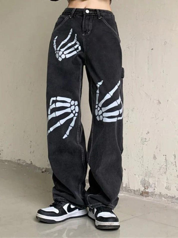 Hand Skeleton Print Boyfriend Jeans