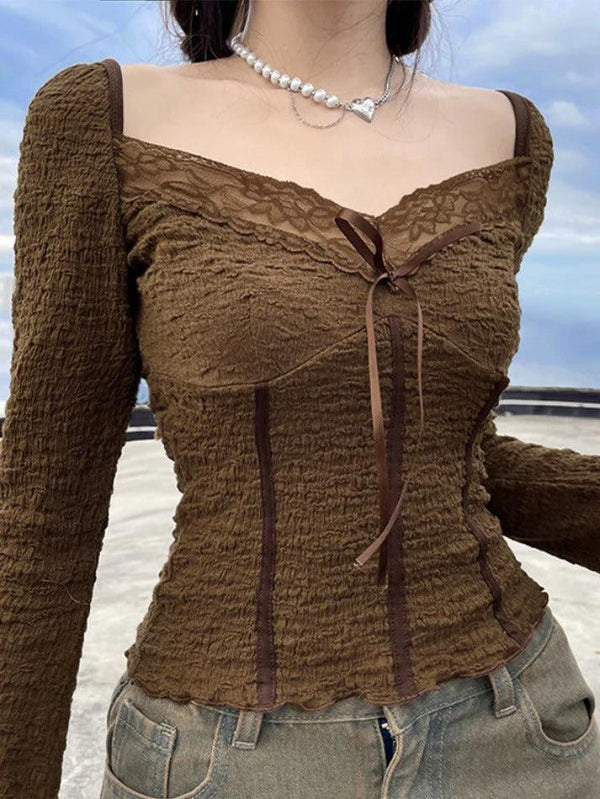 Textured Lace Splice V Neck Lacing Long Sleeve Blouse - AnotherChill