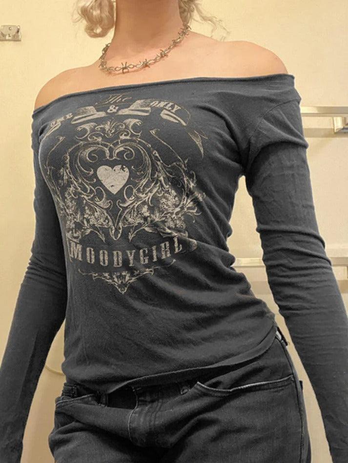 Vintage Heart Print Off Shoulder Long Sleeve Tee - AnotherChill