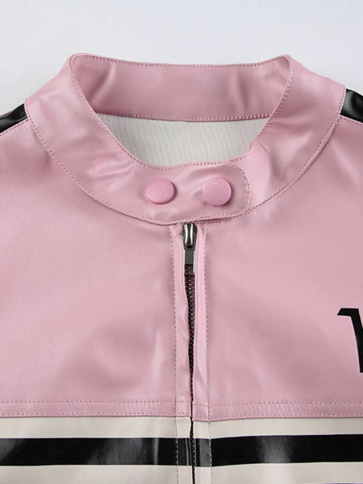 Striped Contrast Color Splice Leather Jacket - AnotherChill