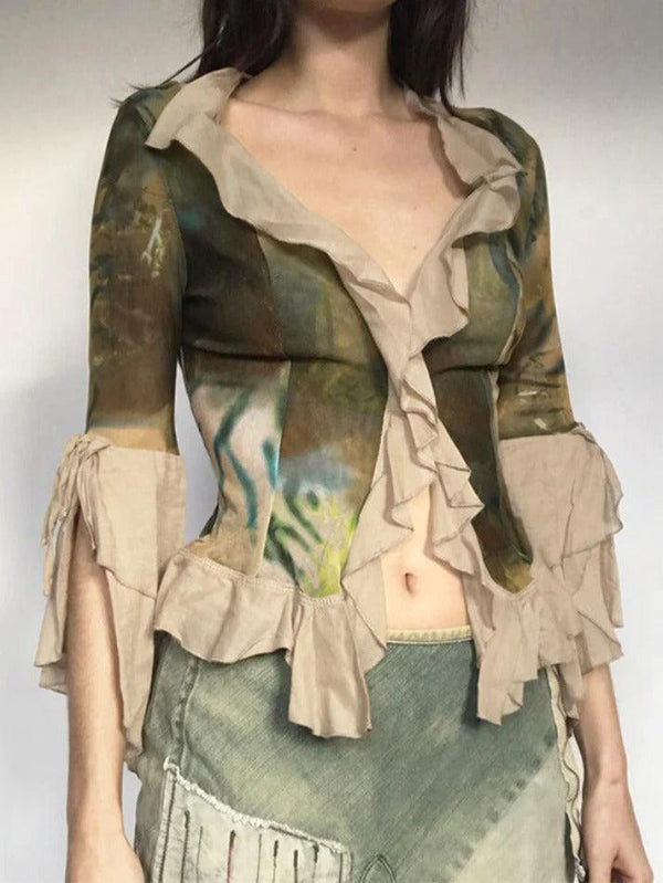 Tie Dye Ruffle Splice Cardigan Long Sleeve Blouse - AnotherChill