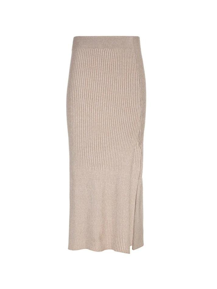 Solid High Rise Slit Knit Midi Skirt - AnotherChill