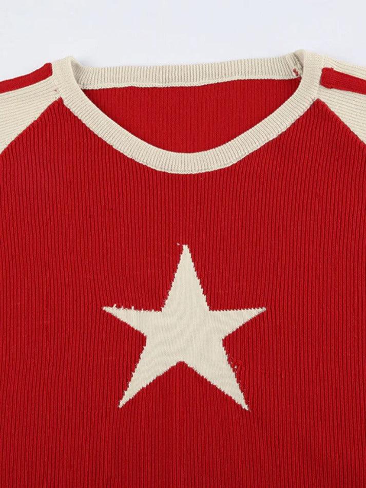 Vintage Contrast Color Star Raglan Sweater - AnotherChill