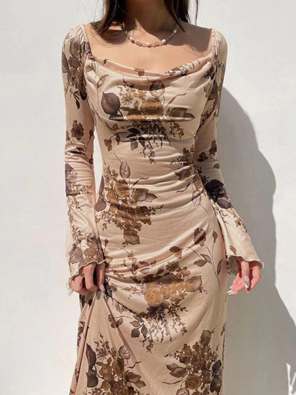 Vintage Flower Print Square Neck Trumpet Sleeve Midi Dress - AnotherChill