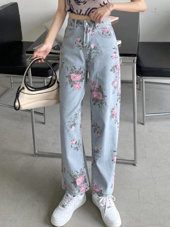 Washed Floral Print Boyfriend Jeans - AnotherChill