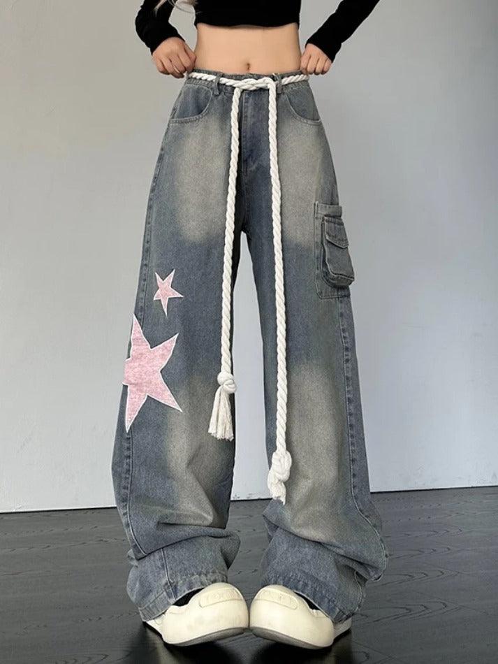 Vintage Star Patch Print Boyfriend Jeans - AnotherChill