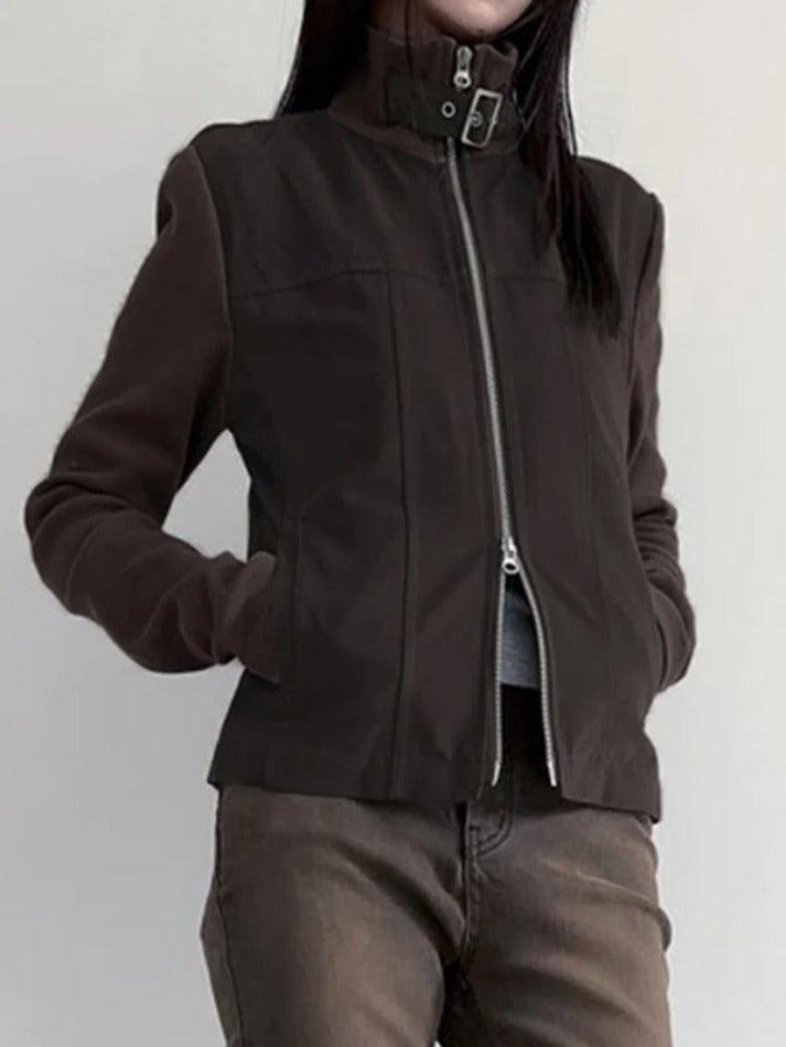 Street Metal Buckle High Neck Splice Cargo Jacket - AnotherChill