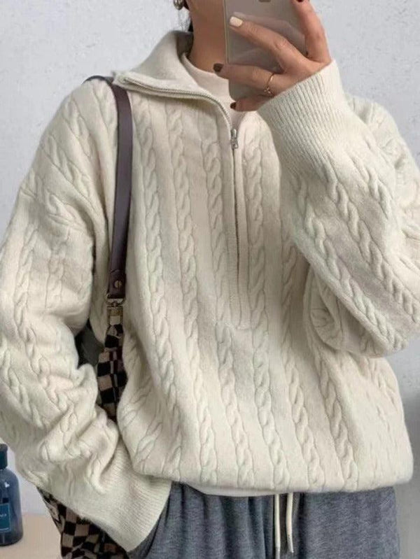Vintage Lapel Neck Cable Knit Sweater - AnotherChill