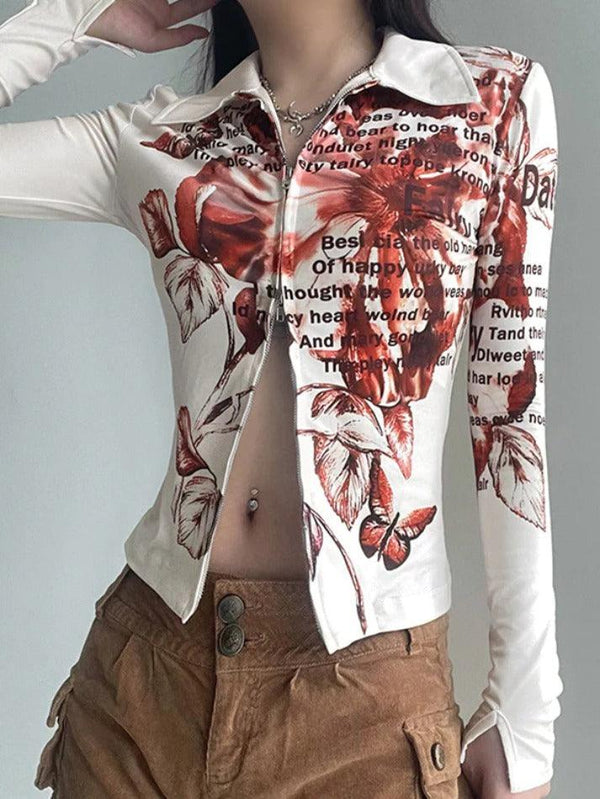 Tie Dye Floral Print Double Zipper Long Sleeve Blouse - AnotherChill