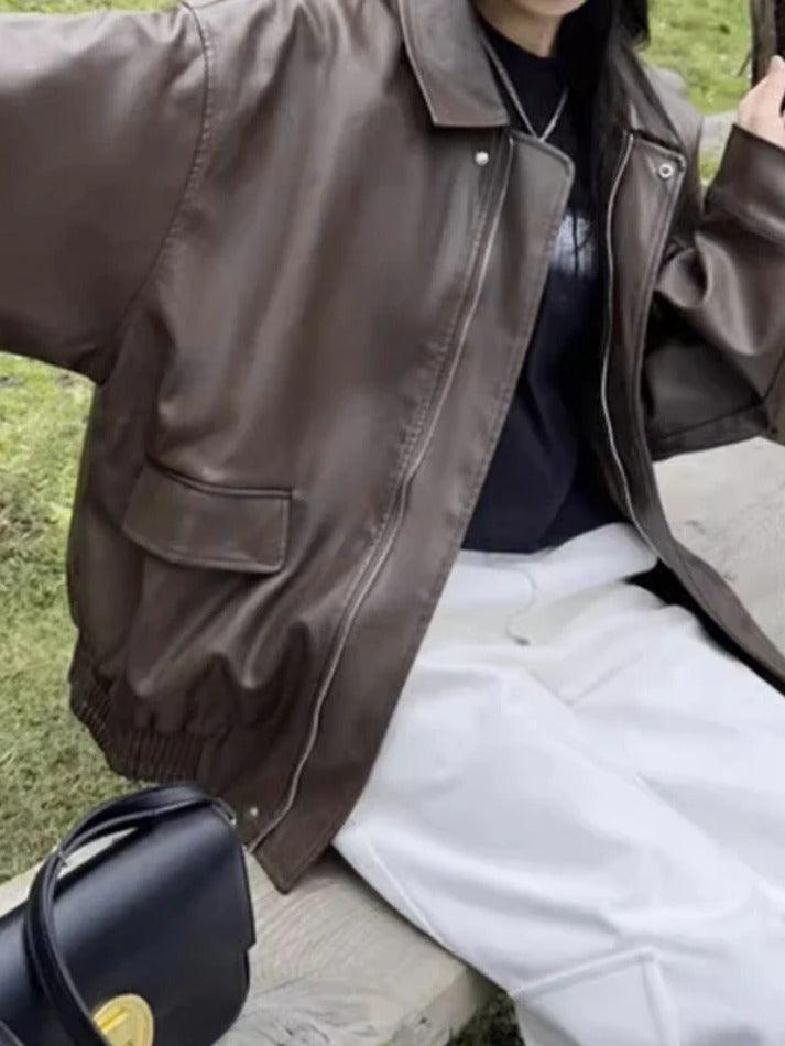 Vintage Brown Lapel Neck Zip Up Leather Jacket - AnotherChill