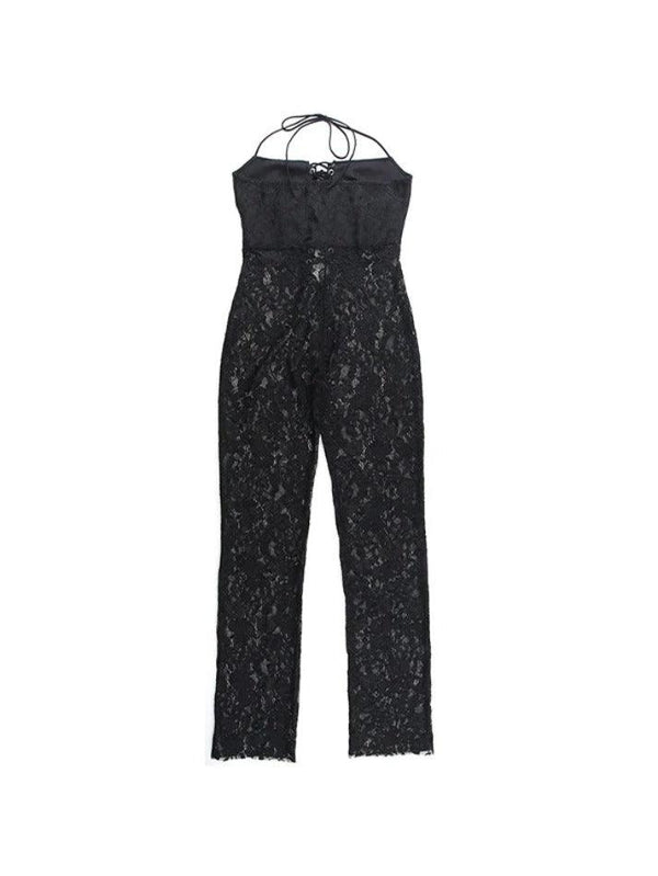 Perspective Lace Print Halter Eyelet Tie Front Jumpsuits - AnotherChill