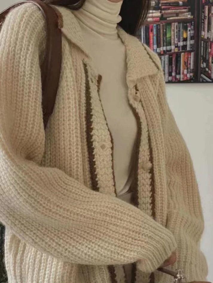 Contrast Color Trim Lapel Neck Cardigan - AnotherChill