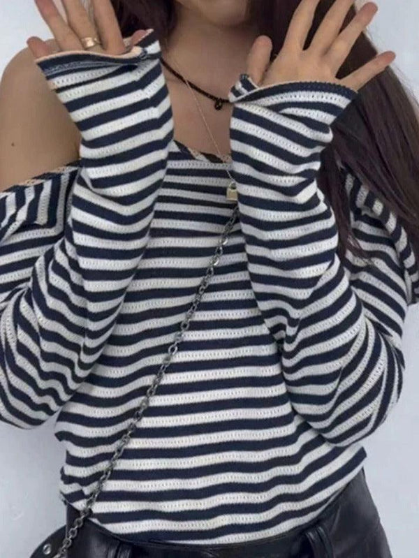 Off Shoulder Stripe Long Sleeve Knit - AnotherChill