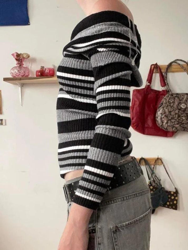 Contrast Color Striped Off Shoulder Slim Sweater - AnotherChill