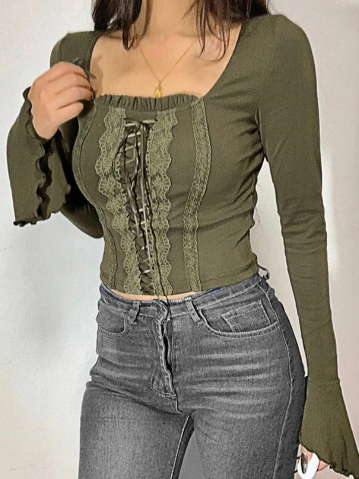 Vintage Lace Trim Splice Square Neck Long Sleeve Tee - AnotherChill