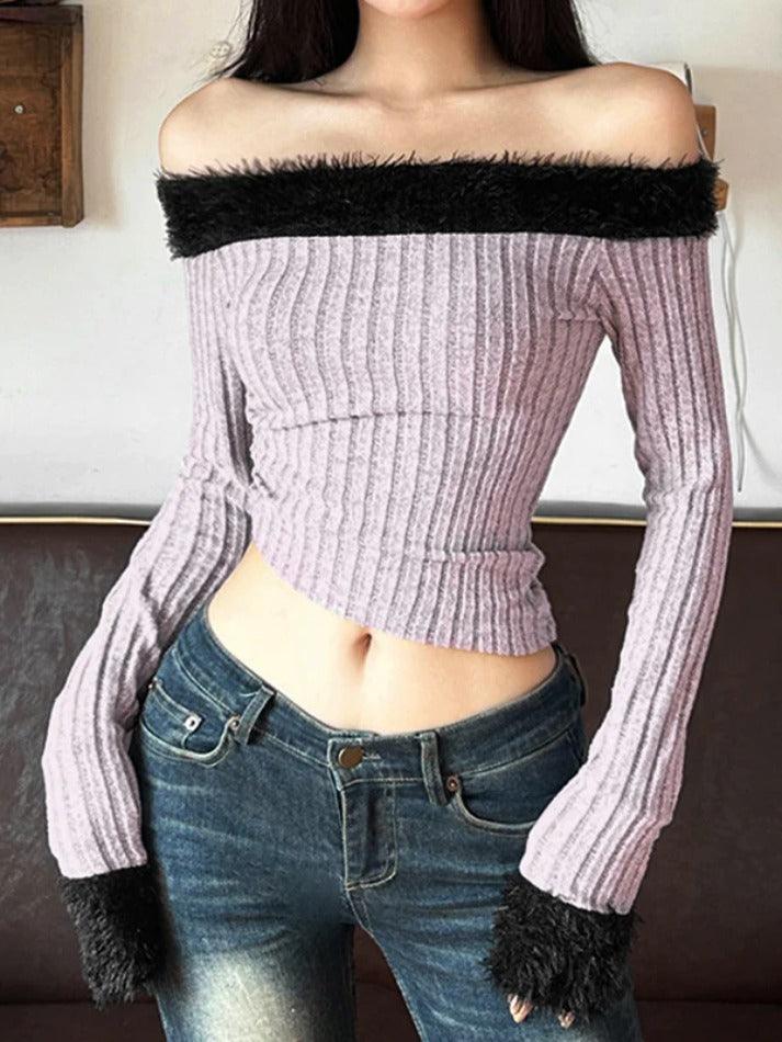 Fuzzy Trim Off Shoulder Cropped Long Sleeve Knit - AnotherChill