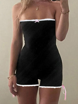 Contrast Trim Bow Tie Up Bandeau Romper - AnotherChill