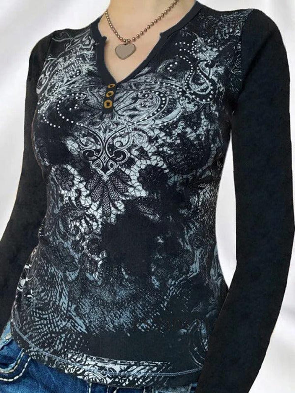 Gothic Print V Neck Long Sleeve Tee - AnotherChill