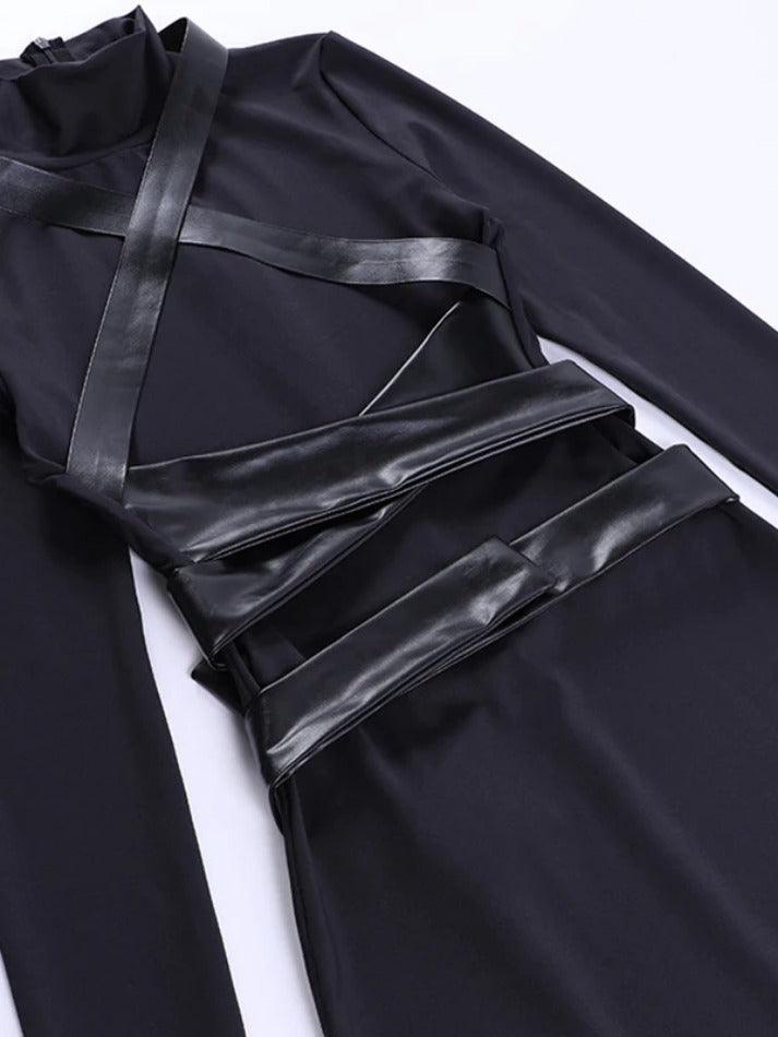 Leather Splice Long Sleeve Bodycon Mini Dress - AnotherChill
