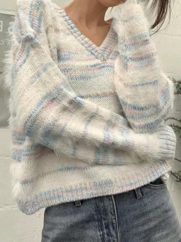 Colorful Striped V Neck Short Knit Sweater - AnotherChill