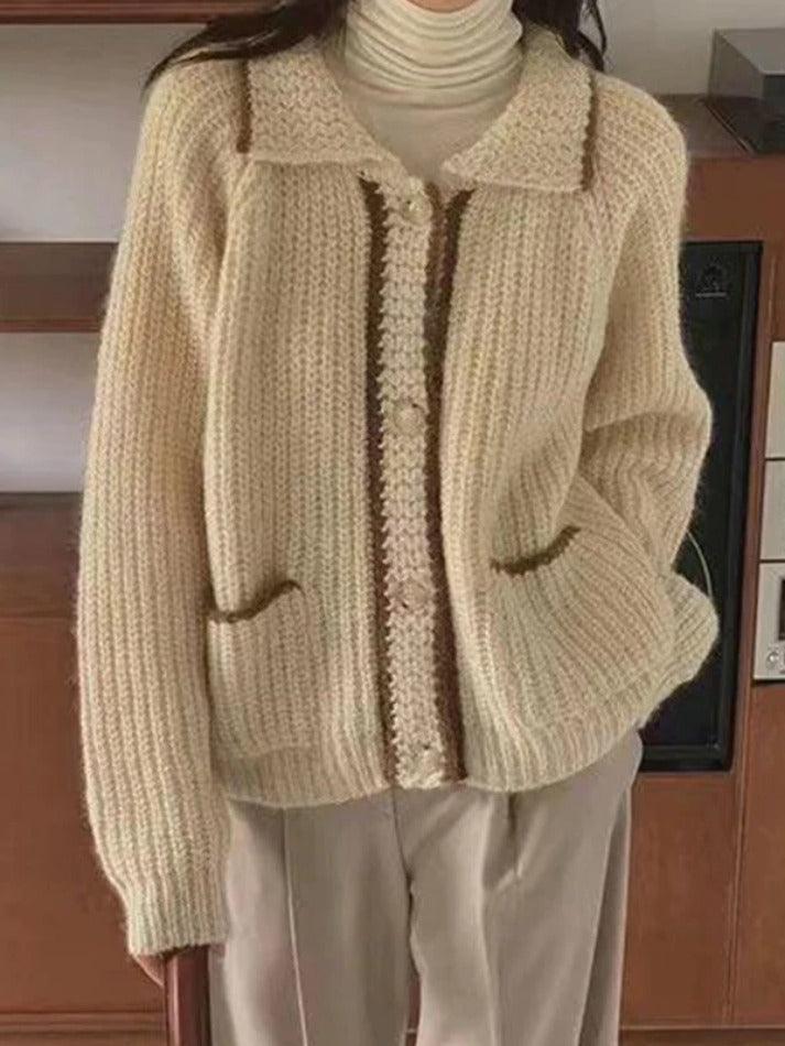 Contrast Color Trim Lapel Neck Cardigan - AnotherChill