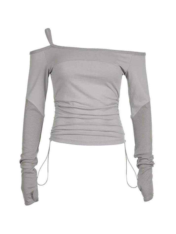 Off Shoulder Splice Side Drawstring Long Sleeve Tee - AnotherChill