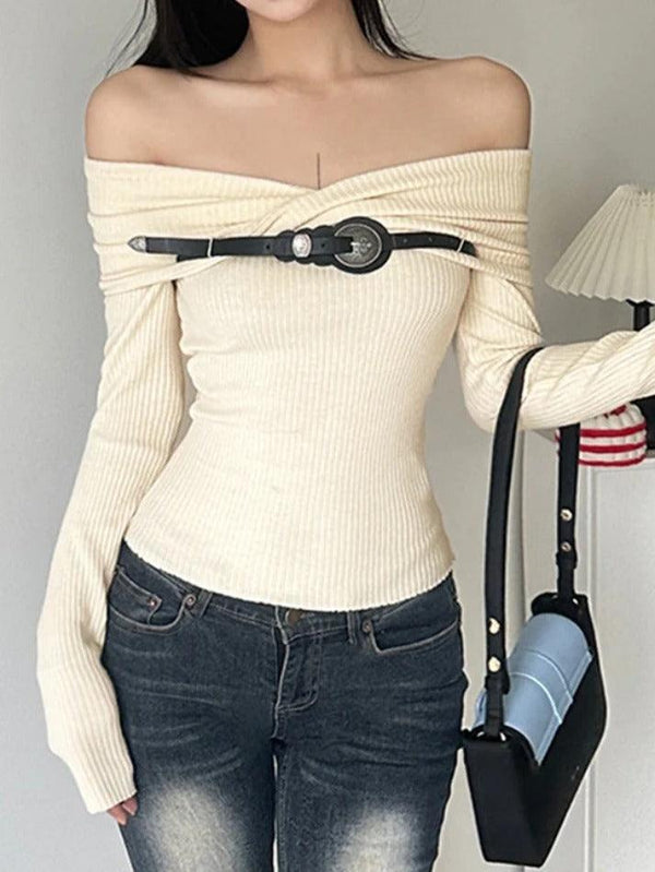 Crossover Off Shoulder Belted Long Sleeve Knit - AnotherChill