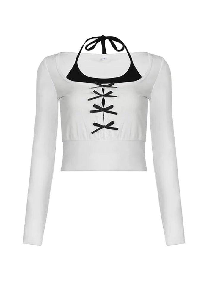 Contrast Bow Cutout Halter Two Piece Long Sleeve Tee - AnotherChill