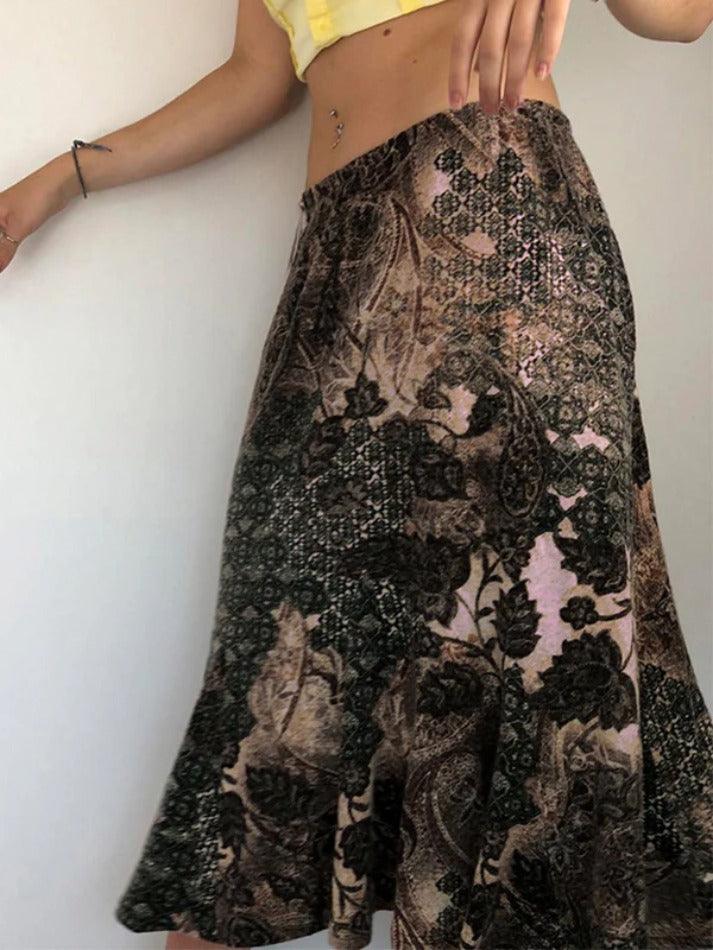 Vintage Random Print Low Rise Midi Skirt - AnotherChill