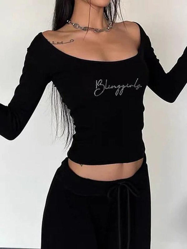 Letter Rhinestone Print Cropped Long Sleeve Tee - AnotherChill