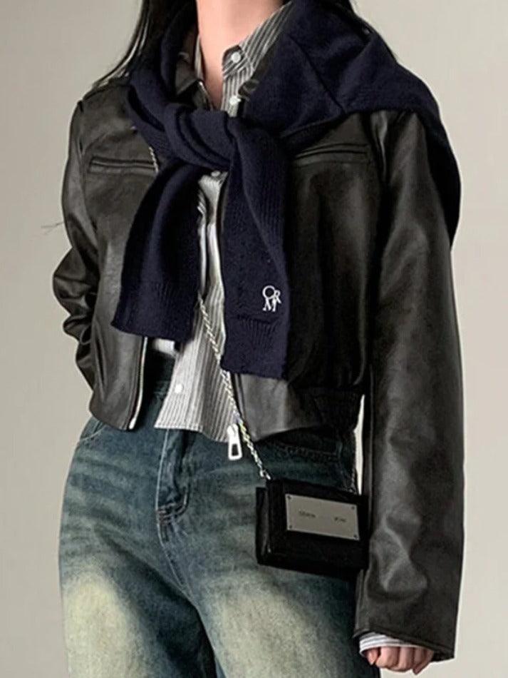Zip Up Lapel Neck Leather Short Jacket - AnotherChill
