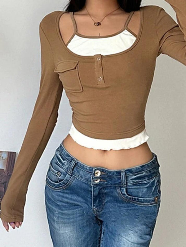 Vintage Contrast Fake Two Piece Cropped Long Sleeve Tee - AnotherChill