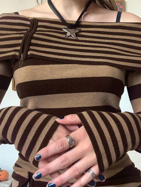 Contrast Color Striped Off Shoulder Zip Up Sweater - AnotherChill