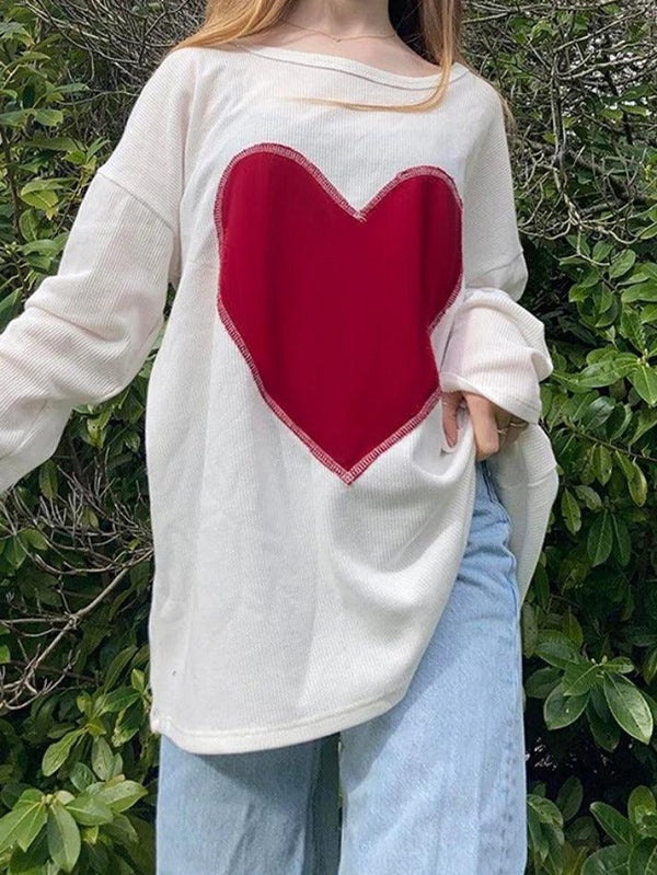 Heart Print Baggy Oversized Long Sleeve Tee - AnotherChill