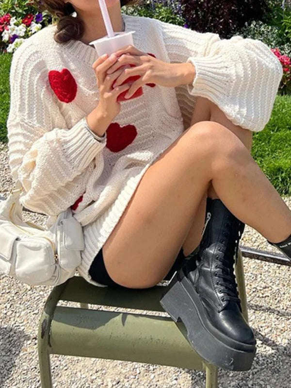 Heart Embroider Embellished Loose Sweater - AnotherChill