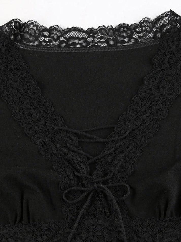 Lace Trim V Neck Lacing Slim Long Sleeve Knit - AnotherChill